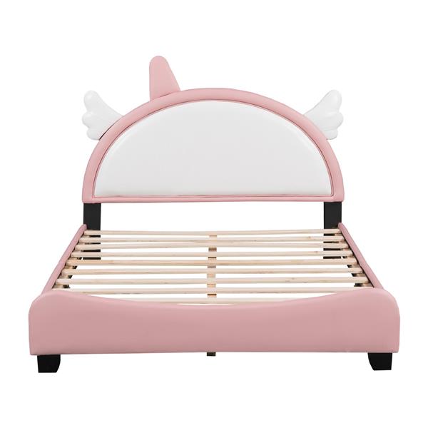 Cute Full size Upholstered Bed With Unicorn Shape Headboard,Full Size Platform Bed with Headboard and Footboard,White+Pink