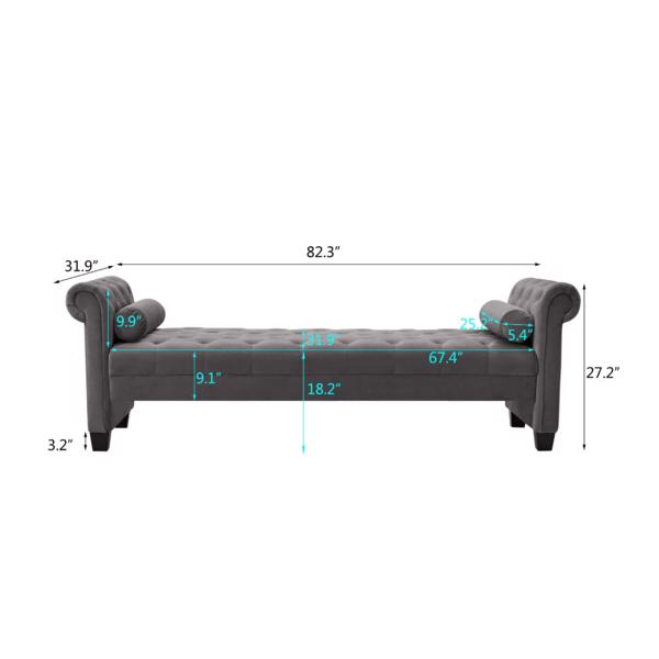 Dark Grey, Solid Wood Legs Velvet Rectangular Sofa Bench with Attached Cylindrical Pillows