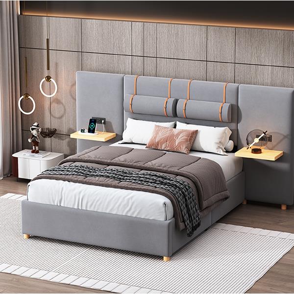 Full size upholstered platform bed with two outlets and USB charging ports on both sides, two bedside pillows, storage shelf, Gray