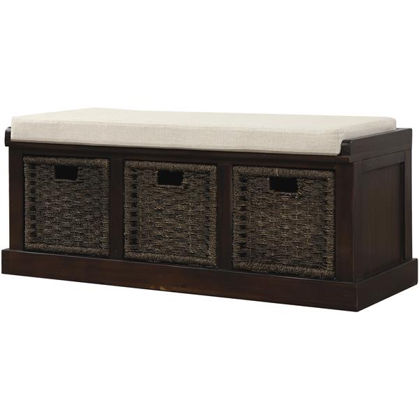 Rustic Storage Bench with 3 Removable Classic Rattan Basket , Entryway Bench with Removable Cushion (Espresso)