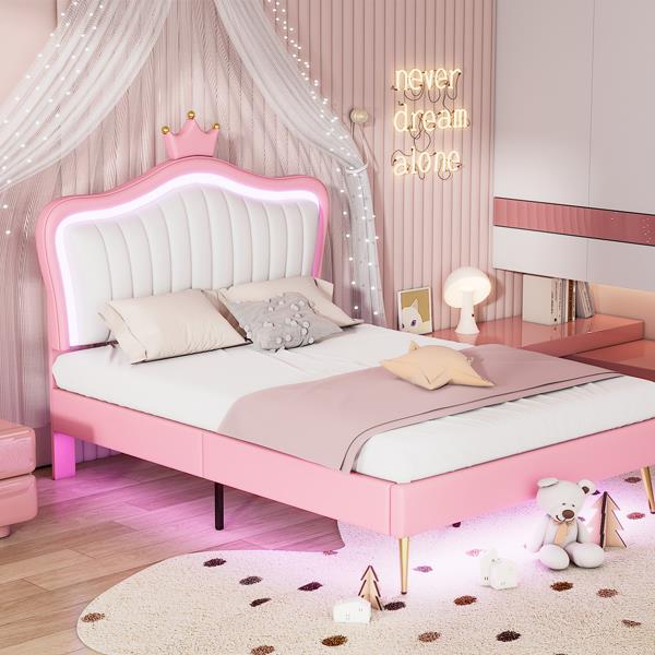 Queen Size Upholstered Bed Frame with LED Lights,Modern Upholstered Princess Bed With Crown Headboard,White+Pink