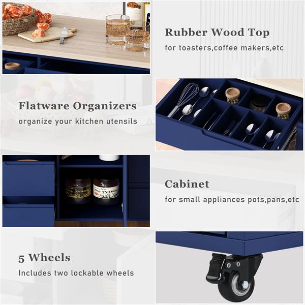 Kitchen Cart with Rubber Wood Countertop , Kitchen Island has 8 Handle-Free Drawers Including a Flatware Organizer and 5 Wheels for Kitchen Dinning Room, Dark Blue