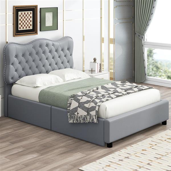 Full Size PU Leather Upholstered Platform Bed with 4 Drawers, Gray