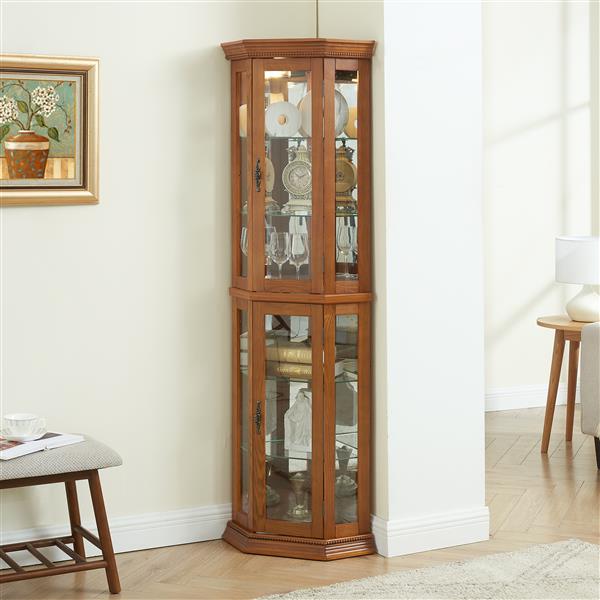 Corner Curio Cabinet Lighted Corner Display, Glass Display Shelf Shelving Bar cabinet with Tempered Glass Door, Bar Cabinet,Cabinet with Adjustable Shelf Glass Cabinet Shelves Bead Bulb Included OAK