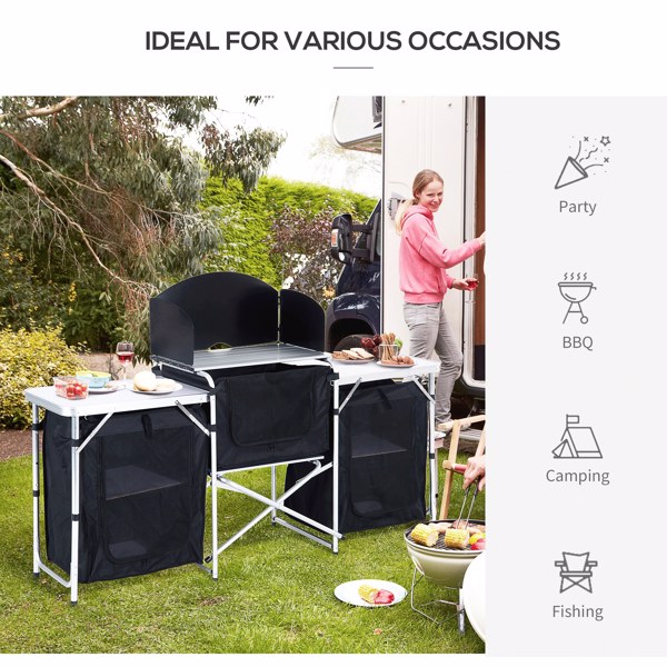 Aluminum Portable Camping Kitchen Fold-Up Cooking Table With Windscreen and 3 Enclosed Cupboards for BBQ, Party, Picnics, Backyards 