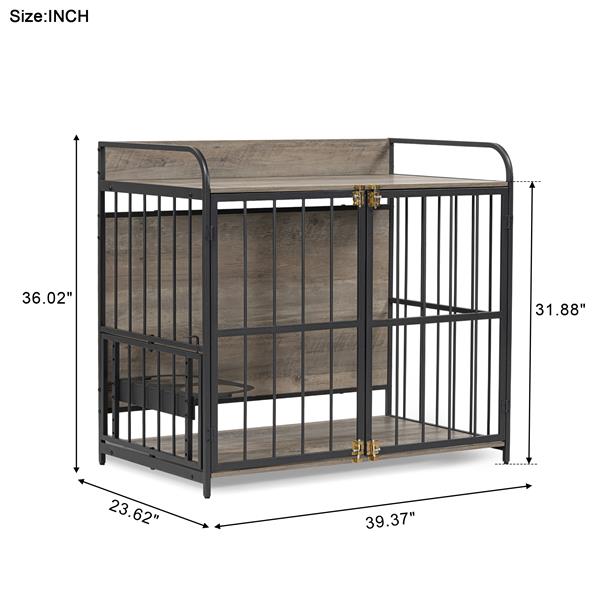 39'' Indoor Metal Dog Crate with Double Doors, Wooden Side End Table Crate, Dog Crate Furniture with Adjustable Feeder Stand, for Medium Dog, Gray