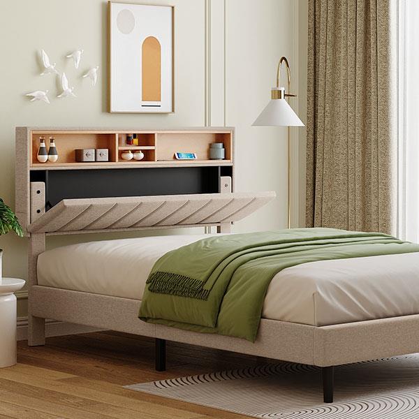 Full size Upholstered Platform Bed with Storage Headboard and USB Port,  Linen Fabric Upholstered Bed (Beige)