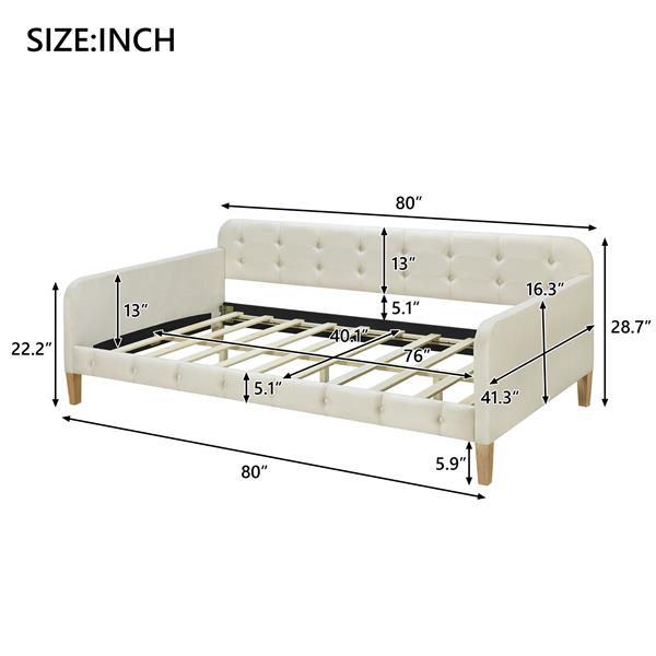 Twin Size Upholstered Daybed with 4 Support Legs, White