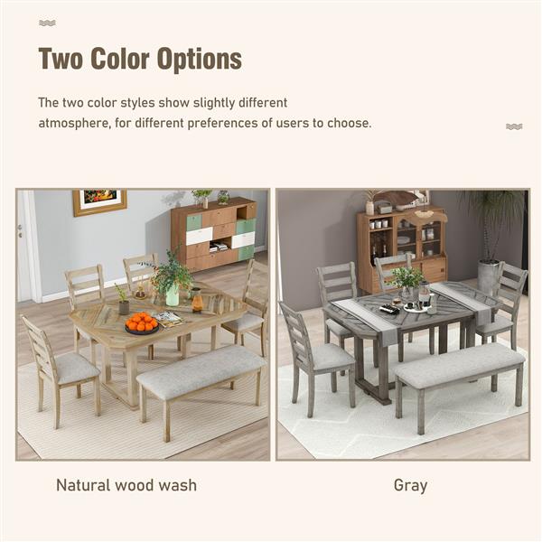 6-Piece Rubber Wood Dining Table Set with Beautiful Wood Grain Pattern Tabletop Solid Wood Veneer and Soft Cushion (Gray)