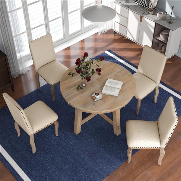 5-Piece Farmhouse Dining Table Set Wood Round Extendable Dining Table and 4 Upholstered Dining Chairs (Natural Wood Wash)