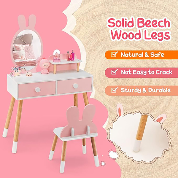 Kids Vanity Set, Girls Vanity Set with Mirror & Stool, 2 Large Drawers, Storage Shelf, Wooden Princess Makeup Dressing Table, Pretend Play Vanity Table Chair Set for Toddlers (Pink) 