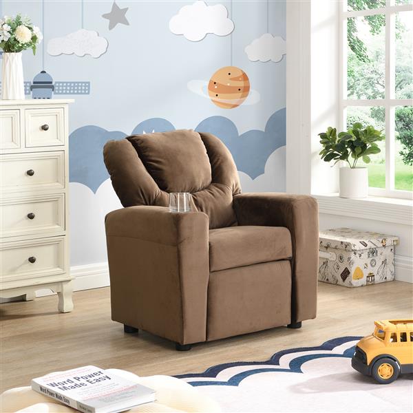 Kids Recliner Chair, Kids Upholstered Couch with One Cup Holder, Footrest, Backrest, Toddlers Velvet Recliner with Headrest and Footrest