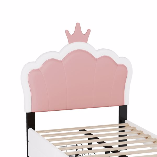 Twin Size Upholstered Princess Bed With Crown Headboard and 2 Drawers,Twin Size Platform Bed with Headboard and Footboard, Pink+White 