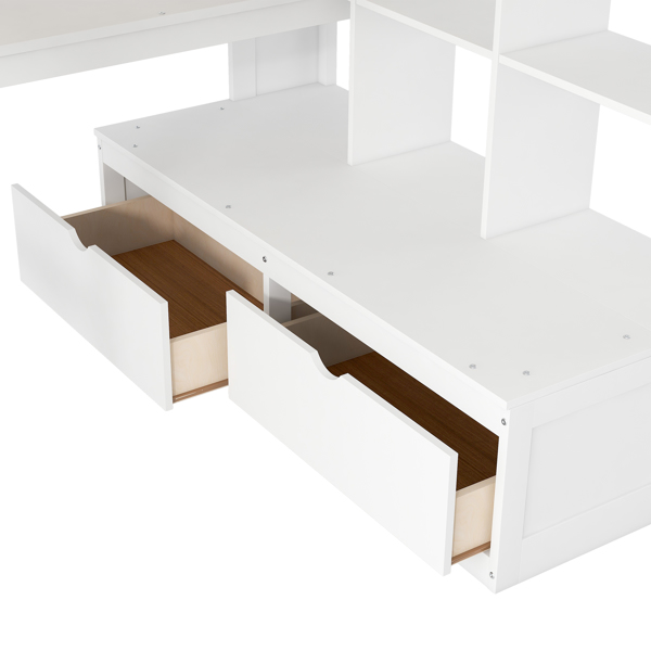 Full Size Loft Bed with Desk and Shelves, Two Built-in Drawers, Storage Staircase, White 