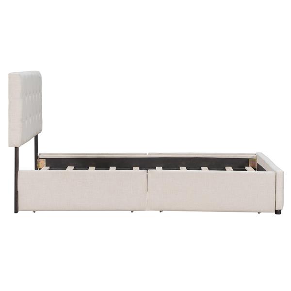 Upholstered Platform Bed with Classic Headboard and 4 Drawers, No Box Spring Needed, Linen Fabric, Queen Size Beige