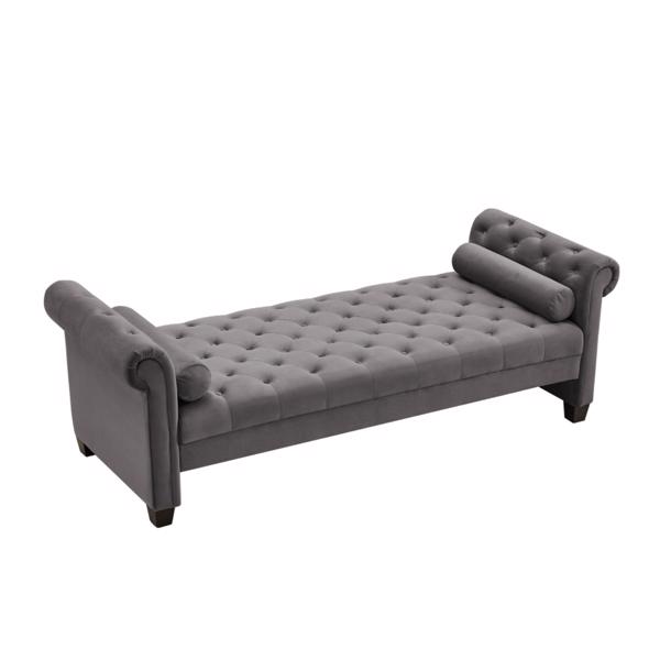 Dark Grey, Solid Wood Legs Velvet Rectangular Sofa Bench with Attached Cylindrical Pillows