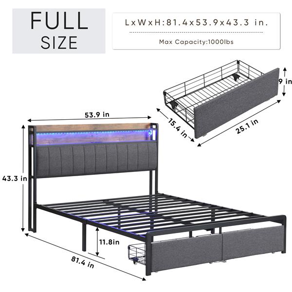 Full Bed Frames with Storage Headboard and Drawers, LED Platform Bed Frame Full Size, LED Upholstered Bed Frame  with Charging Station, No Box Spring Needed, Easy Assembly, Grey