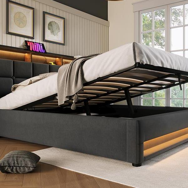 Queen size Upholstered Platform bed with a Hydraulic Storage System, LED and USB Charging, Grey (without mattress)