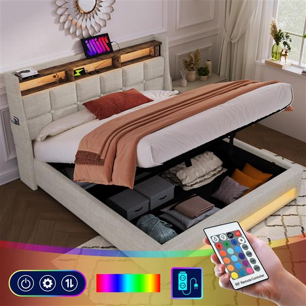 Queen size Upholstered Platform bed with a Hydraulic Storage System, LED and USB Charging, Natural (without mattress)