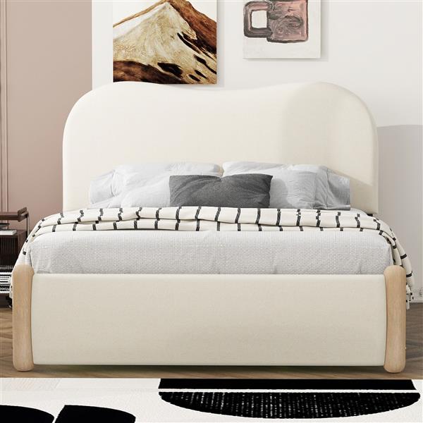 Full Size Upholstered Platform Bed with Wood Supporting Feet, Beige