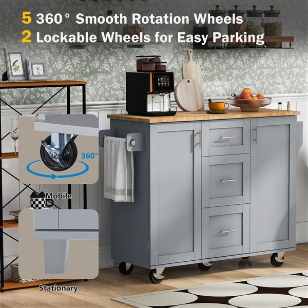 Rolling Kitchen Island with Storage, Kitchen Cart with Rubber Wood Top, 3 Drawer, 2 Slide-Out Shelf and Internal Storage Rack, Kitchen Island on Wheels with Spice Rack & Tower Rack, Grey Blue