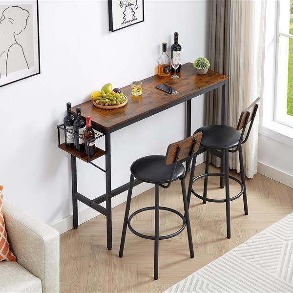 Bar Table Set with wine bottle storage rack. Rustic Brown,47.24'' L x 15.75'' W x 35.43'' H.