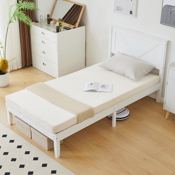 Twin Size Solid Wood Platform Bed Frame with Headboard White