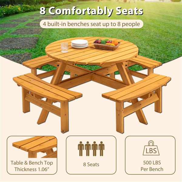 8 Person Wooden Picnic Table, Outdoor Camping Dining Table with Seat, Garden, DIY w/ 4 Built-in Benches, 2220lb Capacity - Natural