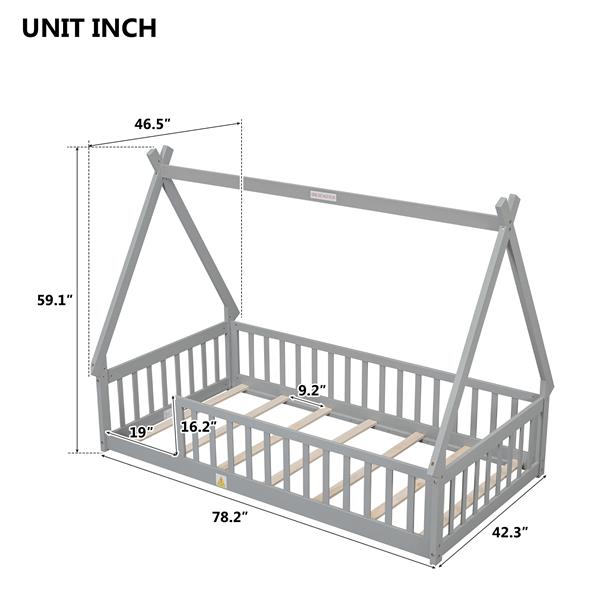 Twin Tent-shaped Floor Bed, Teepee Bed with Guardrails, Slats,Grey