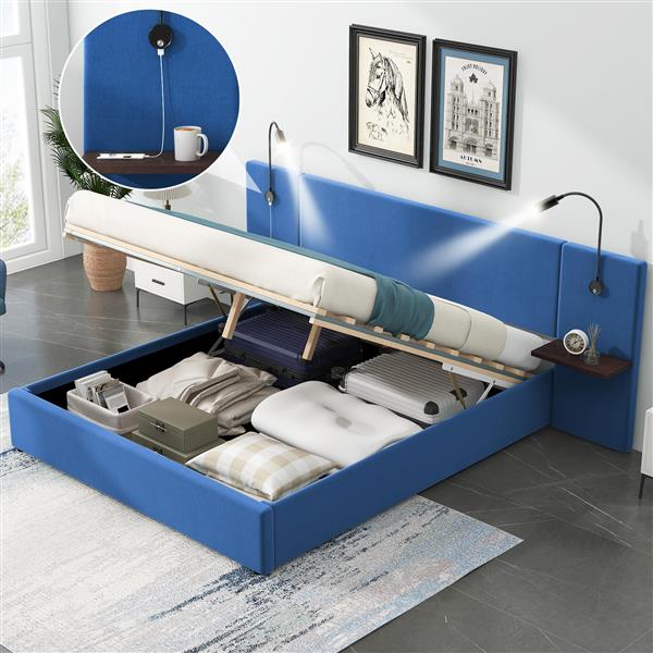 Full Size Storage Upholstered Hydraulic Platform Bed with 2 Shelves, 2 Lights and USB, Blue