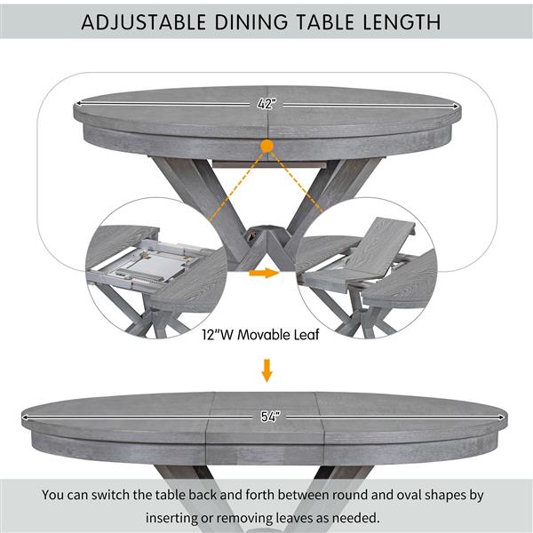 5-Piece Retro Functional Dining Table Set Extendable Round Table and 4 Upholstered Chairs for Dining Room and Living Room (Grey)