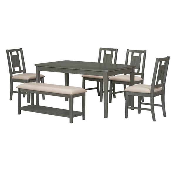 6-piece Retro Dining Set, Minimalist Dining Table and 4 upholstered chairs & 1 bench with a shelf for Dining Room(Dark Gray)