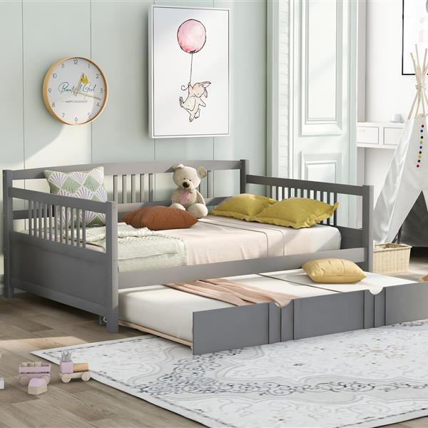 Full Size Daybed Wood Bed with Twin Size Trundle,Gray