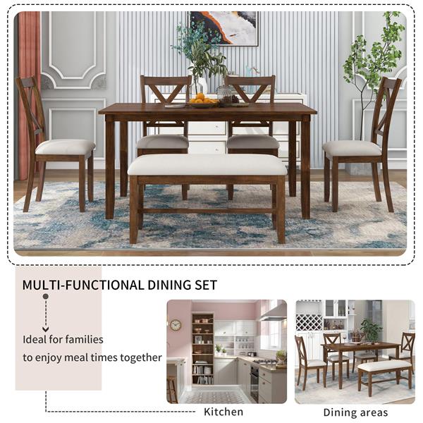 6-Piece Kitchen Dining Table Set Wooden Rectangular Dining Table, 4 Fabric Chairs and Bench Family Furniture (Natural Cherry)