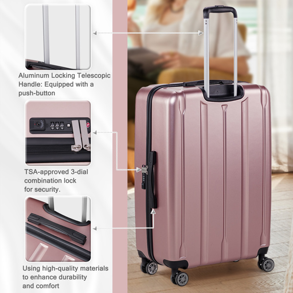 FCH 3-in-1 suitcase vertical stripes trolley case 20in 24in 28in ABS PC fashion color 02-rose gold