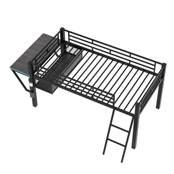 Gaming mid loft bed with desk, LED, Twin, Black