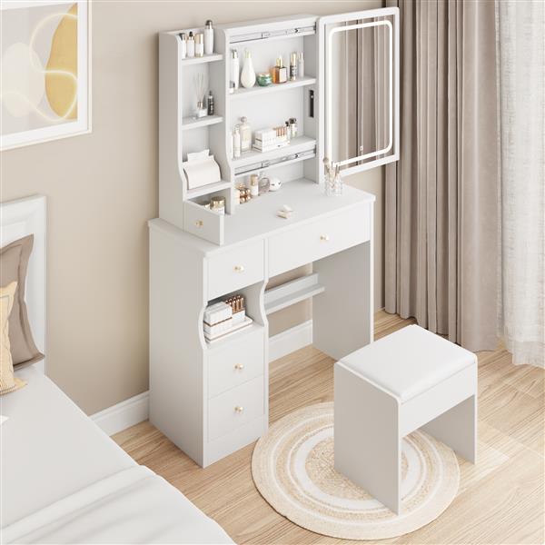 Small Space Left Drawer Desktop Vanity Table + Cushioned Stool, Extra Large Touch Control Sliding LED Mirror, Tri-color Switching, Brightness Adjustable, Suitable for Girls No More Than 5.6ft Tall