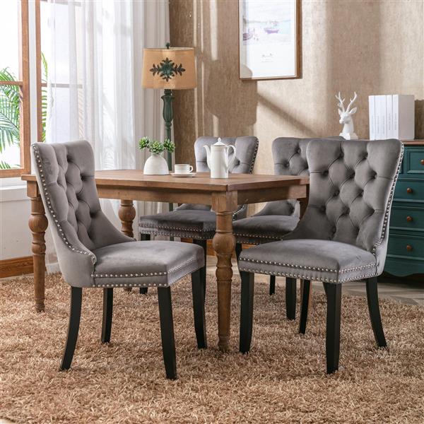 Modern, High-end Tufted Solid Wood Contemporary Velvet Upholstered Dining Chair with Wood Legs Nailhead Trim 2-Pcs Set,Gray