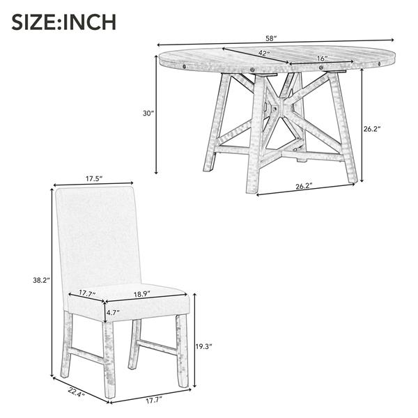 5-Piece Retro Functional Dining Set with Extendable Round Table with Removable Middle Leaf and 4 Upholstered Chairs for Dining Room and Living Room (Natural Wood Wash)