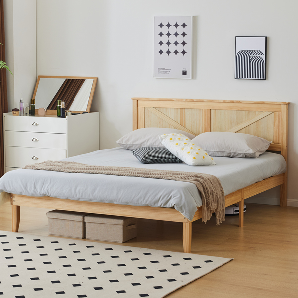 Full Size Solid Wood Platform Bed Frame with Headboard Natural