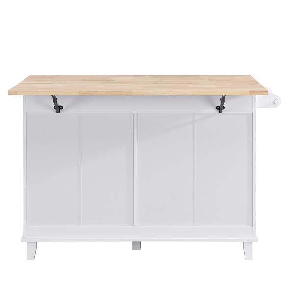 Farmhouse Kitchen Island Set with Drop Leaf and 2 Seatings,Dining Table Set with Storage Cabinet, Drawers and Towel Rack, White+Rustic Brown