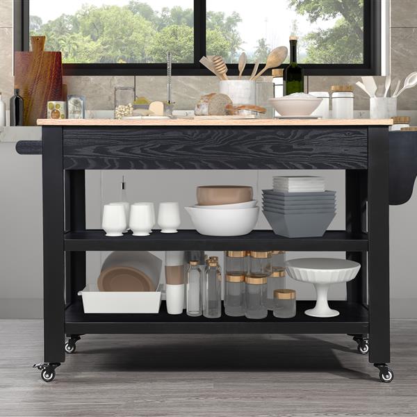 57 inch Rolling Kitchen Island with Storage,Kitchen Cart with Solid OAK Wood Top,Two-sided Kitchen island Cart on Wheels , Wine and Spice Rack, Large Kitchen Cart with 2 Drawers, Black+Natural Top