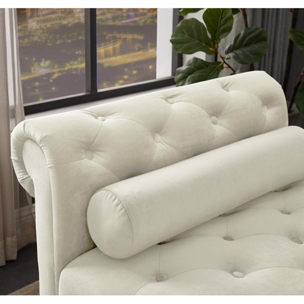 Ivory, Solid Wood Legs Velvet Rectangular Sofa Bench with Attached Cylindrical Pillows