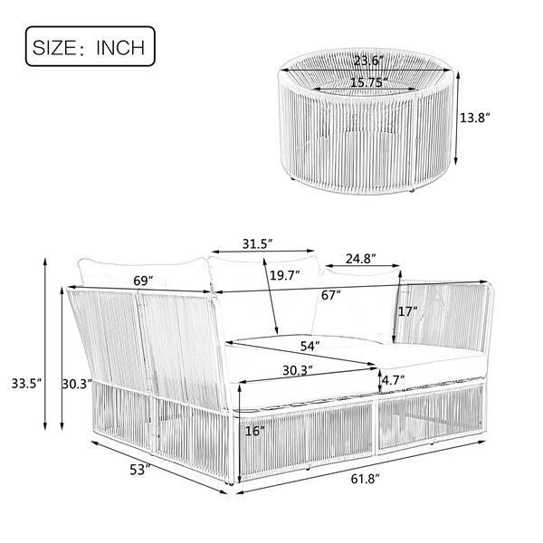 2-Piece Outdoor Sunbed and Coffee Table Set, Patio Double Chaise Lounger Loveseat Daybed with Clear Tempered Glass Table for the patio, poolside (Grey Cushion + Dark Grey Rope)