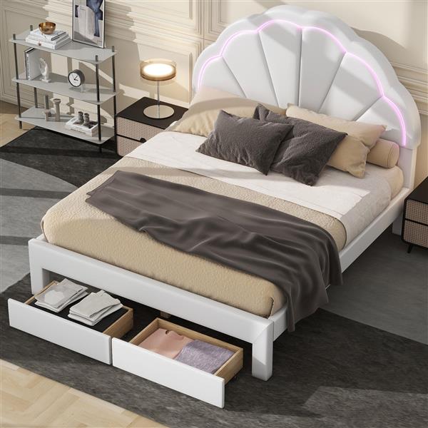 Full Size Upholstered Platform Bed with Seashell Shaped Headboard, LED and 2 Drawers, White