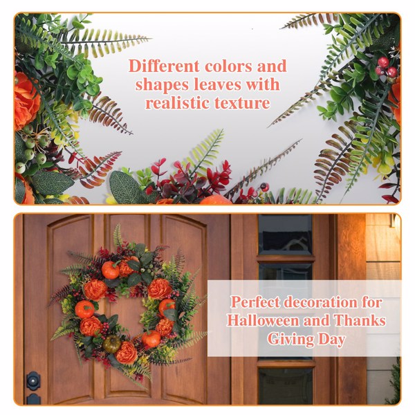 17.71" Autumn Wreath with Pumpkin Mixed Leaves Berries Flowers Fall Decoration for Indoor Outdoor Window Wall Front Door in Halloween Thanks Giving Day