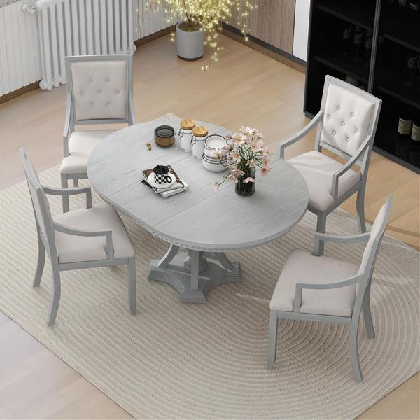 Retro 5-piece Dining Set Extendable Round Table and 4 Chairs for Kitchen Dining Room(ANTIQUE GRAY OAK)