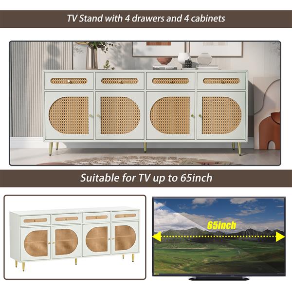 TV Stand with Rattan Door,Woven Media Console Table with Adjustable Shelves for TVs up to 65",Storage Sideboard Cabinet for Living Room