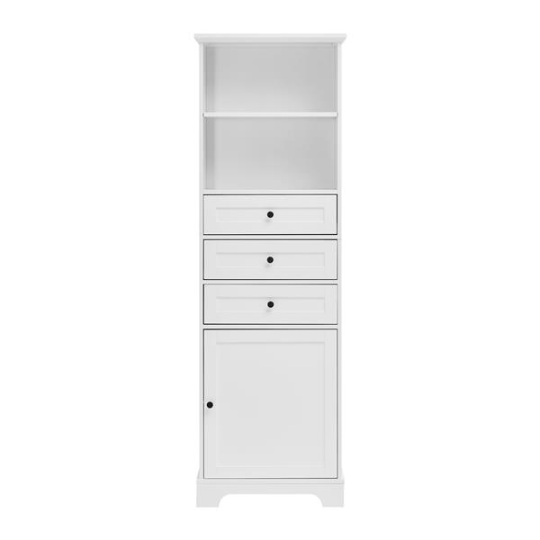 White Tall Storage Cabinet with 3 Drawers and Adjustable Shelves for Bathroom, Kitchen and Living Room, MDF Board with Painted Finish