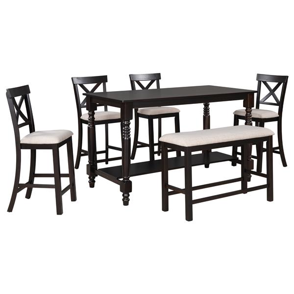 6-Piece Counter Height Dining Table Set Table with Shelf 4 Chairs and Bench for Dining Room (Espresso)